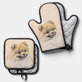 Pommerse Schilderij Sinaasappel Pom Originele Hond Ovenwant & Pannenlap Set (Voorkant / Achterkant)