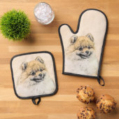 Pommerse Schilderij Sinaasappel Pom Originele Hond Ovenwant & Pannenlap Set (Top down)