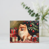 Pommerse zittend bij kerstboom briefkaart (Staand voorkant)