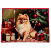 Pommerse zittend bij kerstboom groot cadeauzakje (Voorkant)