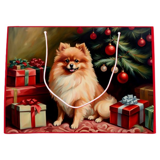 Pommerse zittend bij kerstboom groot cadeauzakje (Voorkant)