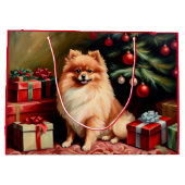 Pommerse zittend bij kerstboom groot cadeauzakje (Achterkant)