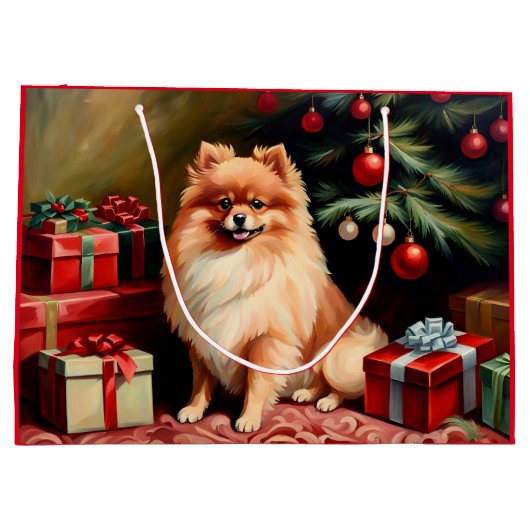 Pommerse zittend bij kerstboom groot cadeauzakje (Achterkant)