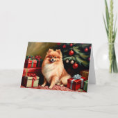 Pommerse zittend bij kerstboom kaart (Voorkant)