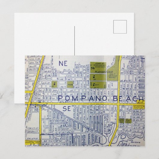 Pompano Beach, FL Vintage Map Briefkaart (Voorkant / Achterkant)