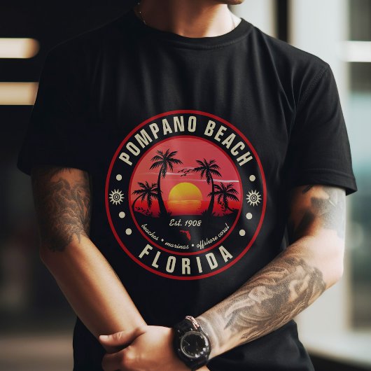 Pompano Beach Florida Retro Sunset Souvenir 80s T-shirt
