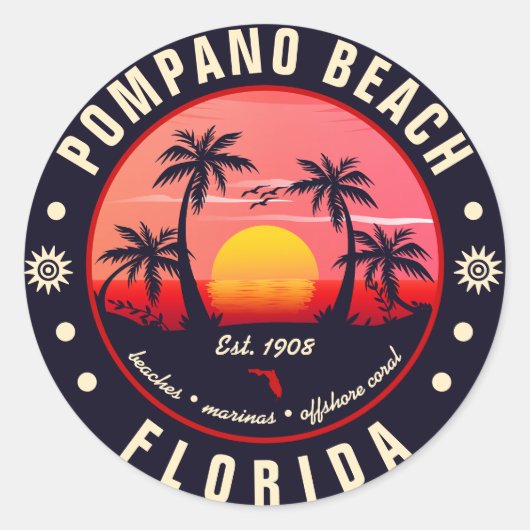 Pompano Beach Florida Retro Sunset Souvenir Ronde Sticker (Voorkant)