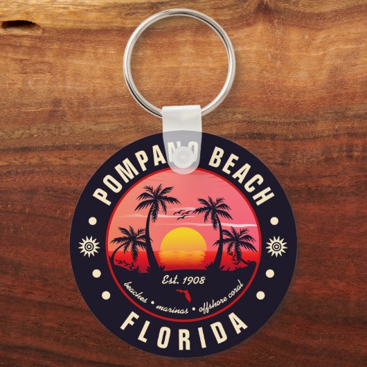 Pompano Beach Florida Retro Sunset Souvenir Sleutelhanger (Achterkant)