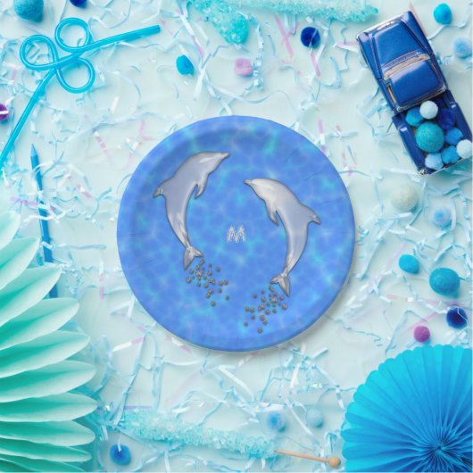 Pompende blauwe dolfijn met monogram papieren bordje (Feest)