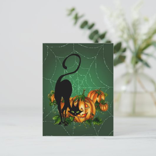 POMPKIN PATCH, ZWARTE CAT EN WEB, DOOR SHARON SHAR BRIEFKAART (Staand voorkant)