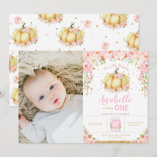 Pompoen 1e Verjaardag Kleine Pompoen Party Foto Kaart (Voorkant / Achterkant)