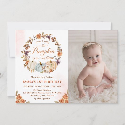 Pompoen 1e Verjaardag Sinaasappel Bloemenfeest Kaart (Voorkant)