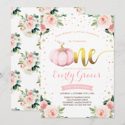 Pompoen 1e verjaardag Uitnodiging Blush Pink Gold (Voorkant / Achterkant)