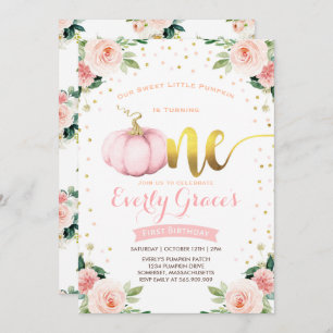 Pompoen 1e verjaardag Uitnodiging Blush Pink Gold