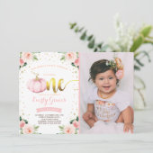 Pompoen 1e verjaardag Uitnodiging Blush Pink Gold (Staand voorkant)