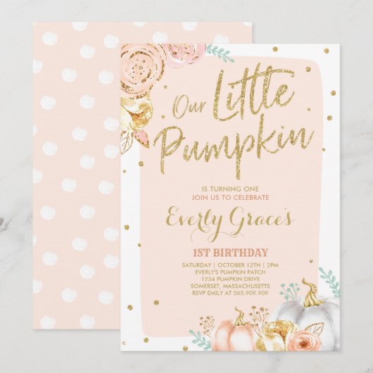 Pompoen 1e verjaardag Uitnodiging Blush Pink Gold (Voorkant / Achterkant)