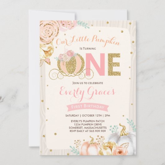 Pompoen 1e Verjaardag Uitnodiging Rustic Pink Gold (Voorkant)