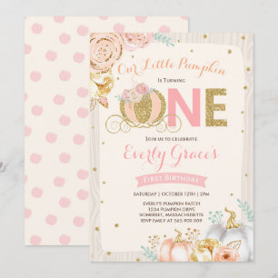 Pompoen 1e Verjaardag Uitnodiging Rustic Pink Gold