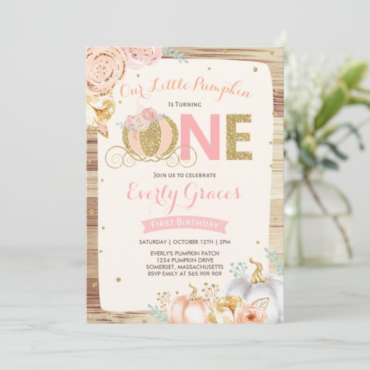 Pompoen 1e Verjaardag Uitnodiging Rustic Pink Gold (Staand voorkant)