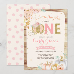 Pompoen 1e Verjaardag Uitnodiging Rustic Pink Gold
