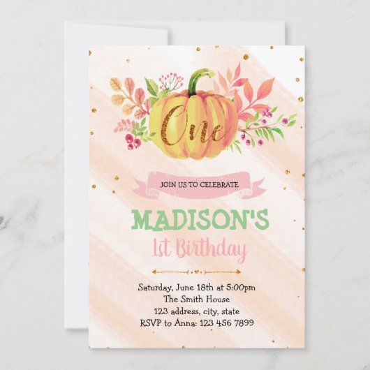Pompoen 1e verjaardag uitnodigingskaart kaart (Voorkant)