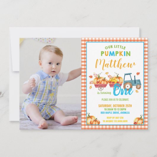 Pompoen 1e verjaardagsfeest Oogst Truck Boy Foto Kaart (Voorkant)