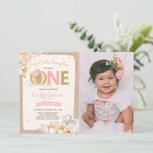 Pompoen 1e verjaardagsuitnodiging Rustic Roze Goud Kaart (Staand voorkant)