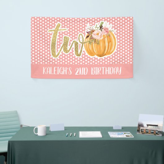 Pompoen 2e verjaardag banner - Meisroze Stippen (Beurs)