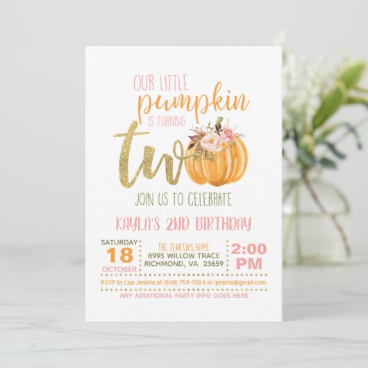 Pompoen 2e verjaardag Uitnodiging - Roze Strepen (Staand voorkant)