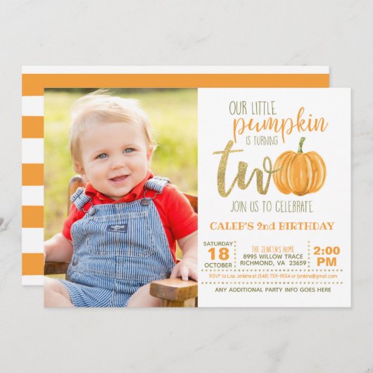 Pompoen 2e verjaardag uitnodiging w / foto (Voorkant / Achterkant)