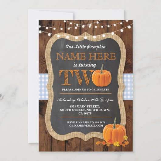 Pompoen 2e Verjaardagsfeest TWEE Blauwe Uitnodigin Kaart (Voorkant)