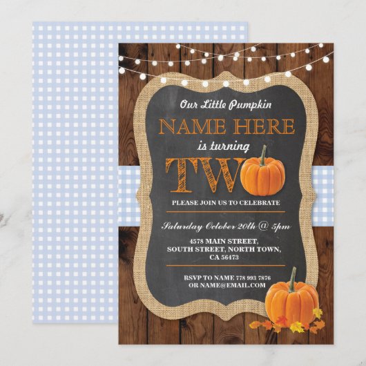 Pompoen 2e Verjaardagsfeest TWEE Blauwe Uitnodigin Kaart (Voorkant / Achterkant)