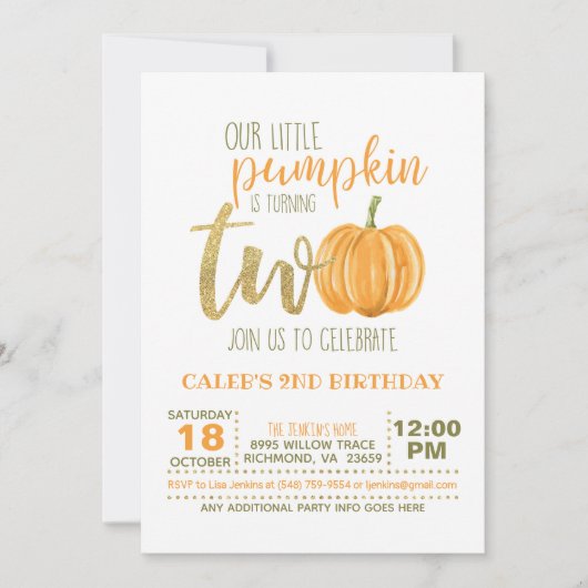 Pompoen 2e verjaardagsuitnodiging - Sinaasappel Pl Kaart (Voorkant)