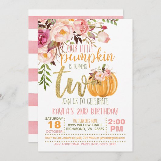 Pompoen 2ND Birthday Invitation - Floral Stripes Kaart (Voorkant / Achterkant)