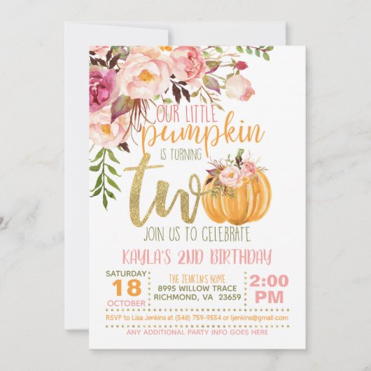Pompoen 2ND Birthday Uitnodiging - Floral roze Sti (Voorkant)