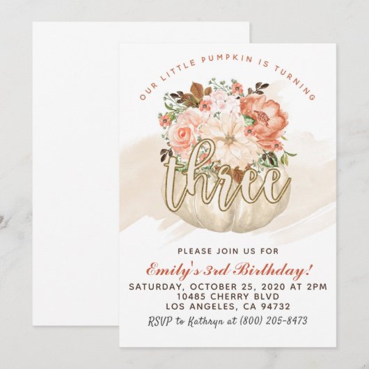 Pompoen 3e verjaardag uitnodiging (Voorkant / Achterkant)