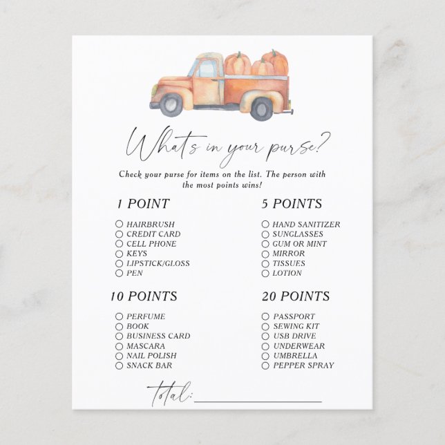 Pompoen auto - Wat zit er in je tas spel (Voorkant)