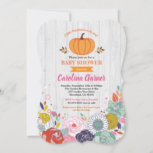 Pompoen baby meisje douche uitnodiging bloem rusti (Voorkant)