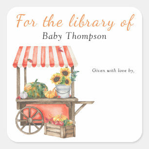 Pompoen baby shower - ex libris voor de bibliothee vierkante sticker