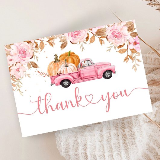 Pompoen Baby shower Herfst Roze Truck Dank u Informatiekaartje