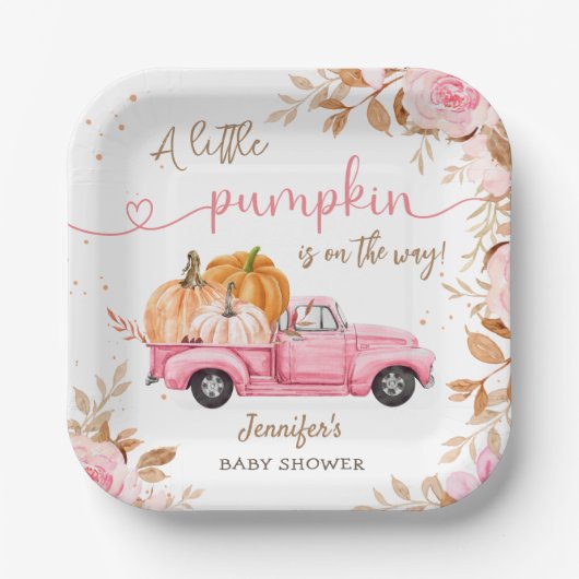 Pompoen Baby shower Herfst Roze Truck Paper Papieren Bordje (Voorkant)