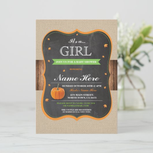 Pompoen Baby shower Het is een meisje Party hout U Kaart (Staand voorkant)