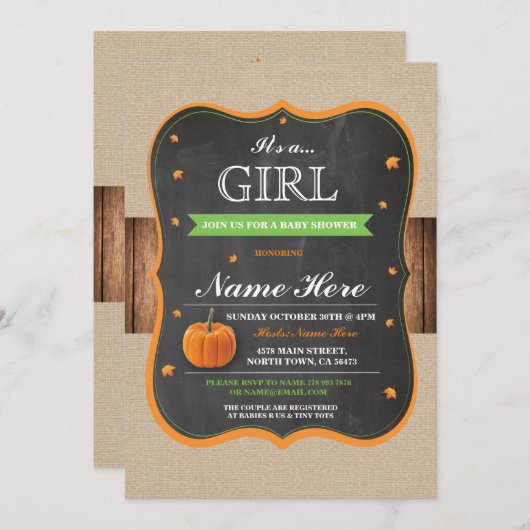 Pompoen Baby shower Het is een meisje Party hout U Kaart (Voorkant / Achterkant)