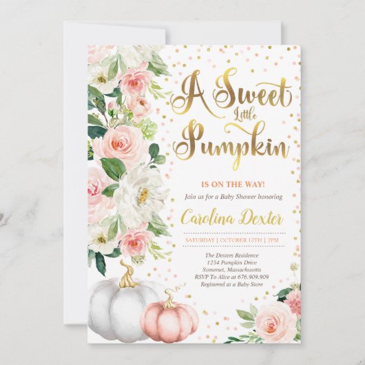 Pompoen Baby shower Invitation Blush Roze En Goud Kaart (Voorkant)