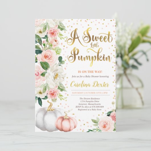 Pompoen Baby shower Invitation Blush Roze En Goud Kaart (Staand voorkant)