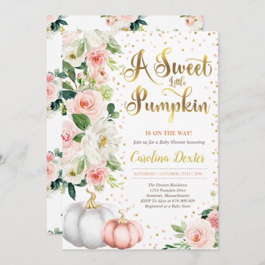 Pompoen Baby shower Invitation Blush Roze En Goud Kaart (Voorkant / Achterkant)