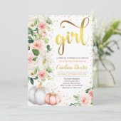 Pompoen Baby shower Invitation Blush Roze En Goud Kaart (Staand voorkant)