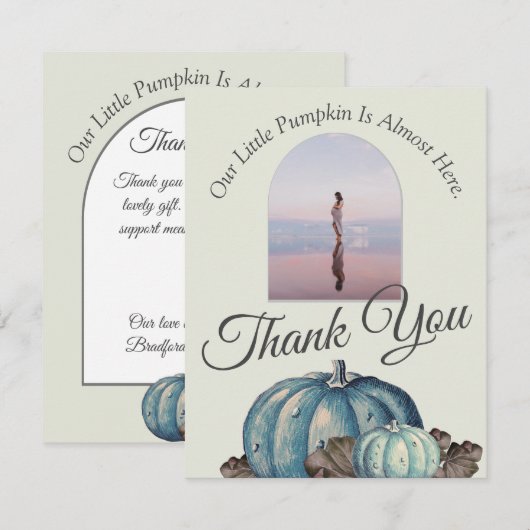 Pompoen Baby shower Lichtgrijze Blauwe Waterverf Bedankkaart (Voorkant / Achterkant)