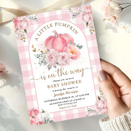 Pompoen Baby Shower Meisje Roze Gingham Herfst  Kaart