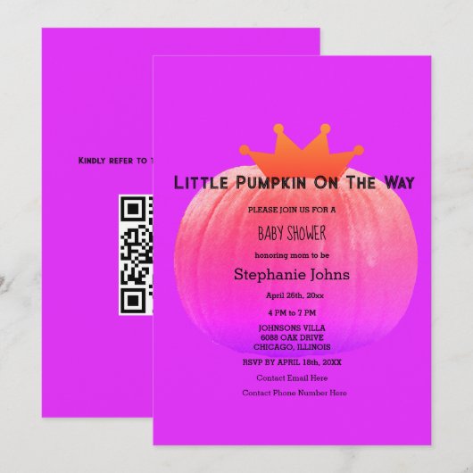 Pompoen Baby shower Meisjes Roze Paarse QR Code Kaart (Voorkant / Achterkant)